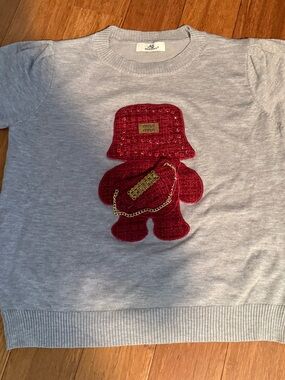 Gray Knit Sweater with Red Teddy Appliqué and Gold Chain